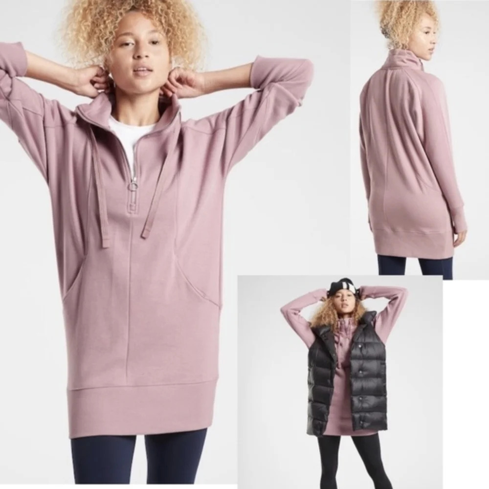 ATHLETA sz S Cozy Karma 1/4 Zip Sweater Dress Tunic  Fleece Lined Floral Mauve - Picture 5 of 16